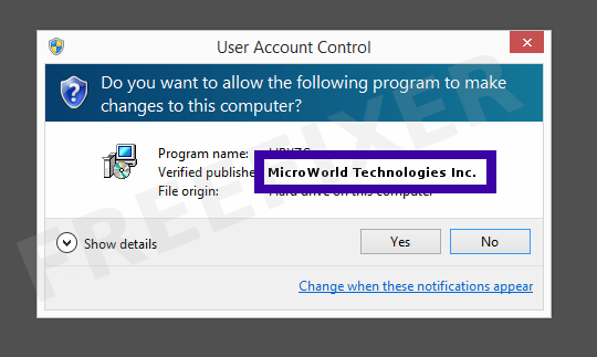 Screenshot where MicroWorld Technologies Inc. appears as the verified publisher in the UAC dialog
